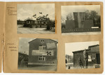 Postwar views of Buchenwald, one showing an effigy of Hitler hanging, pasted into a photograph album titled "Buchenwald/or a Glance at German "Kultur"" by Murray Bucher.