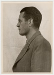 Mug shot of S.S. guard Rudolf Heinrich Suttrop stationed at Dachau, who was arrested when the camp was liberated by American forces on April 29, 1945.