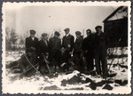 Group portrait of Jewish workers from the Lipa farm labor camp in Cervene Pecky where they were allowed to work for a week in the spring of 1942.