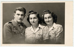 Postwar studio portraif of Pearl and Helen (right) Herskovic who survived the war as Mengele twins and their brother Arno, a soldier in the Czech army.