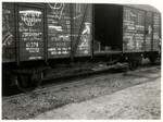 View of a cattle car used by American GIs and covered with their graffiti.