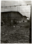 View taken from behind a barbed wire fence of a survivor or victim lying on the ground outside a barrack in the Ohrdruf concentration camp.