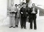 Shimon Sousson (second from the right) poses with four  other men on election day in postwar Morocco.