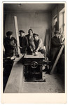 Young men work work in a carpentry shop at a combination yeshiva and vocational training school (hachsharah) in Hlohovec run by Rabbi Moritz Schwartz.