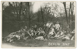 Group portrait of Jewish children and teachers from the Schlachtensee displaced persons camp on an outing to a park.