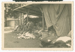 A photograph taken of clothing pile near the crematoria

Caption on back: "This one is near the entrance to the furnace where bodies were striped [stripped] of clothing before being burned."