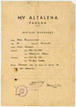 Discharge papers for Ayre Kolomeitzev when he was Chief Engineer of the Altalena.
