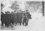 Shmuel Willenberg (third from right) leads a group of Jews across the Alps on their eventual way to Palestine.