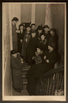 German Jewish refugees gather on the stairwell of the Jewish Refugee Aid Committee of Antwerp.