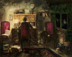 Self portrait showing the artist studying in an imaginary room painted by Heinz Geiringer, a Jewish teenager in Amsterdam, while in hiding to keep himself occupied.