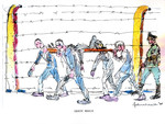 A watercolor and ink drawing from the pictorial memoire entitled,  "Images from Auschwitz-Birkenau, by John Wiernicki, Polish Resistance Fighter, Prisoner Number P150302."

The caption reads, "Death March."