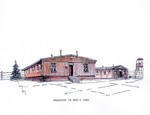 A watercolor and ink drawing from the pictorial memoire entitled,  "Images from Auschwitz-Birkenau, by John Wiernicki, Polish Resistance Fighter, Prisoner Number P150302."

The caption reads, "Barracks in men's camp."