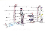 A watercolor and ink drawing from the pictorial memoire entitled,  "Images from Auschwitz-Birkenau, by John Wiernicki, Polish Resistance Fighter, Prisoner Number P150302."

The caption reads, " 'Sports' in the men's quarantine camp."