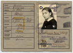 Identity card (Deutsches Reich Kennkarte) issued to Marianne Wolff displaying the imposed middle name of "Sara" and stamped with the letter J for "Jude" (Jew).