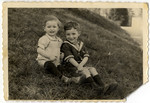 Irving and Fred Feldman sit on a grassy hill in the Wels displaced persons' camp.