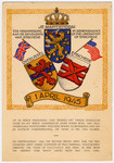 Document decorated with different shields and flags commemorates the liberation of Enschede by British and Canadian forces on April 1, 1945.