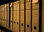 One row of International Tracing Service boxed files of Ravensbrueck concentration camp.