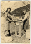 Esther and her mother Baile Ass saw wood in [what is probably] the Bad Gastein displaced persons' camp.