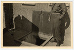 Trapdoor inside the crematorium at Buchenwald concentration camp.