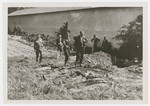 An SS officer views corpses at Reichenau shortly after liberation.