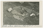 Close-up of a corpse lying on the grounds of the Woebbelin concentration camp.