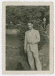 Close-up portrait of a man standing outside [most probably Izrael Beer in the Schlachtensee displaced persons camp].