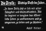16th Nazi propaganda slide of a Hitler Youth educational presentation entitled "Germany Overcomes Jewry."

Die Presse: Wichtige Waffe des Juden.