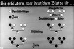 34th slide Nazi propaganda slide of a Hitler Youth educational presentation entitled "Germany Overcomes Jewry."

Sie erläutern, wer deutschen Blutes ist...