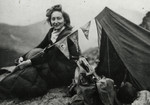 Close-up portrait of Jewish resister, Huguette Wahl, during a camping trip.