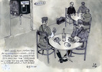 Page of a pictoral memoir drawn by the donor documenting his experiences after the Holocaust showing him talking to a Polish officer after arriving in Warsaw.