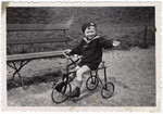 Richard Weilheimer rides his tricycle on a path in a park.