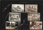 Page from Otto Schenkelbach's photo album showing groups of friends hiking, climbing on rocks and riding in horse-drawn carts in the summer.