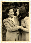 Malvina Grunfeld (left) hugs her cousin, Freidu, while in the Leipheim displaced persons' camp.