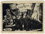A Jewish New Year greeting card sent from Trani displaced persons' camp and depicting a marching army and works of art such as Michelangelo's Moses, the Arch of Titus and a low relief from the same Arch.