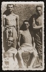 Group portrait of four Jewish youth at liberation in Buchenwald.