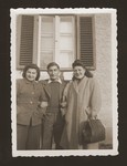 Portrait of Morris Rosen, the donor, with Halinka Goldberg (left) and another friend in the Schwandorf DP camp.