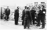 Jewish police stand with a group of laborers in front of a large pile [of food?] in the Lodz ghetto.
