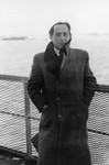 Portrait of Shmuel (Miles) Lerman on the deck of the SS Marine Perch upon its arrival in New York harbor.