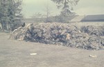 View of a huge pile of prisoner uniforms in front of a row of barracks in the newly liberated Dachau concentration camp.
