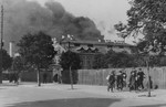 View of the smoke rising from the Kovno ghetto, during its liquidation.