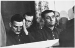 Defendants Michael Koerner (left) and Kurt Eccarius (right) sit in the dock at the Sachsenhausen concentration camp war crimes trial in Berlin.