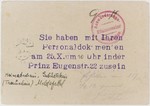 Postcard sent by the Gildemeester Auswanderungs-Hilfsaktion, summoning the recipient to appear on October 25 at 10:00a.m.