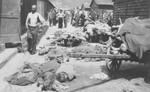 Survivors view corpses that have been piled up on carts and on the ground prior to their burial [probably at the Gusen concentration camp].