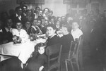 Jewish DPs gather for a Sabbath meal at the Schauenstein displaced persons camp for children.