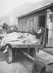 Survivors look on as the bodies of former prisoners are removed from a barracks in the newly liberated Ebensee concentration camp.