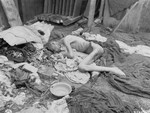 An emaciated survivor lies on the ground among blankets and bowls in the newly liberated Gusen concentration camp.