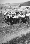 Austrian civilians dig mass graves for the victims of the Gusen concentration camp, which is visible in the distance.