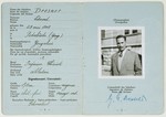 Refugee identification card issued to Edmund Dresner, a Jewish refugee, after his escape to Switzerland.