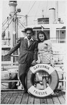 Oskar and Bel Pinkus pose on board the Saturnia en route to the United States.