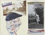 Page of a photo album showing Gisela Edel in the Couret children's home as well as a map in the shape of a Frenchman's face, showing where she hid during the war.